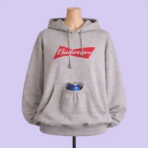 Brew City Budweiser Beer Holder Hoodie Gray Deer Antler Drawstrings Size L Novel